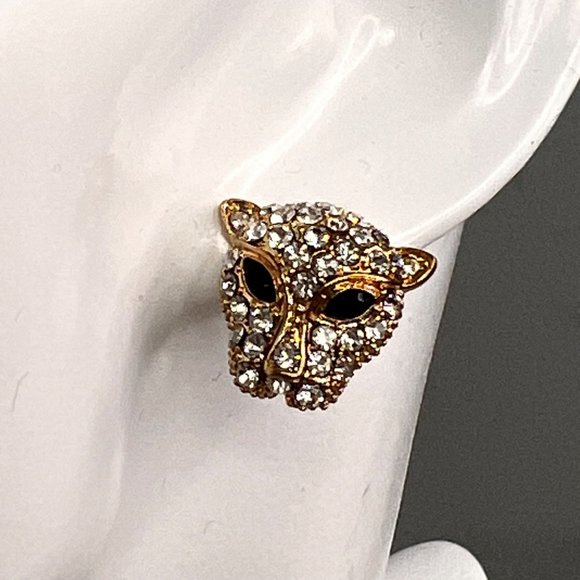 Forever 21 Pave Panther Earrings Gold Tone Black Clear Rhinestones NWT - Picture 4 of 5